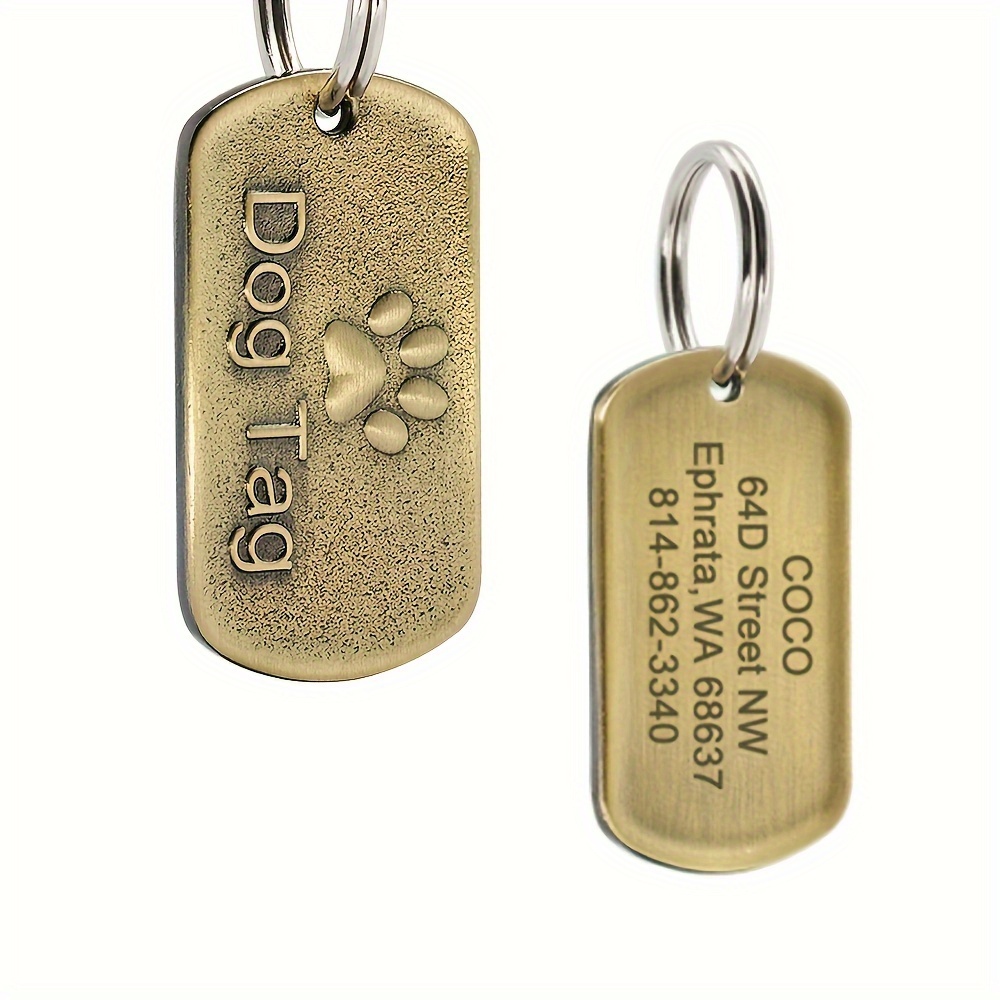 TEMU 1pc Vintage Bronze Dog Collar Tag - Durable Id Tag With Paw Print Design, Lost & Function For Dogs, Personalized Name/phone/email/street Address, Collar Tag, Metallic Finish