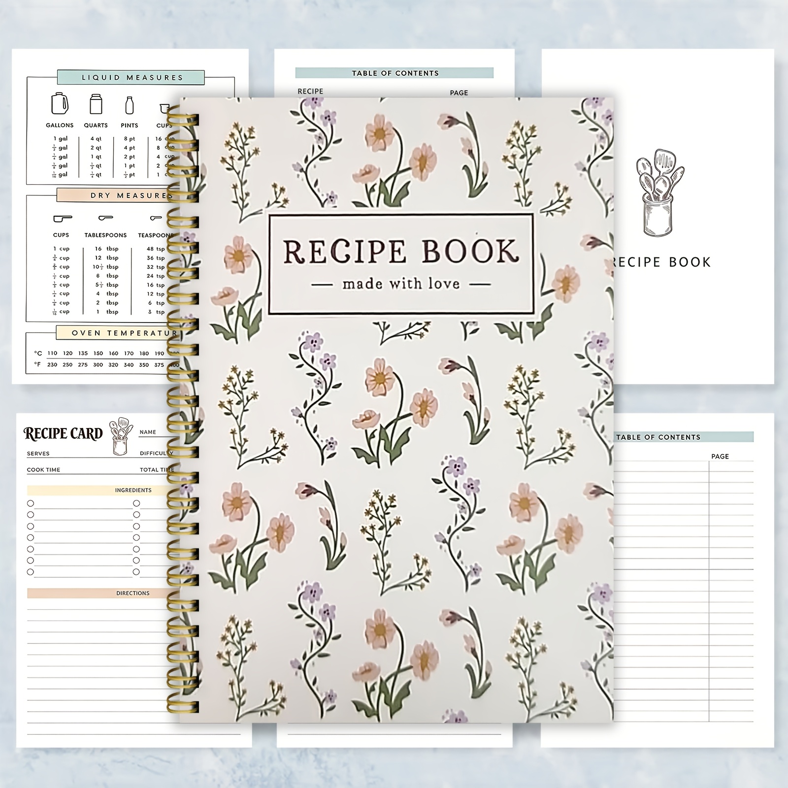 TEMU Carnet à spirale 2D plat 1pc Recette amusante Collection florale de designs délicieux Parfait pour chaque cuisine Idéal pour la planification de
