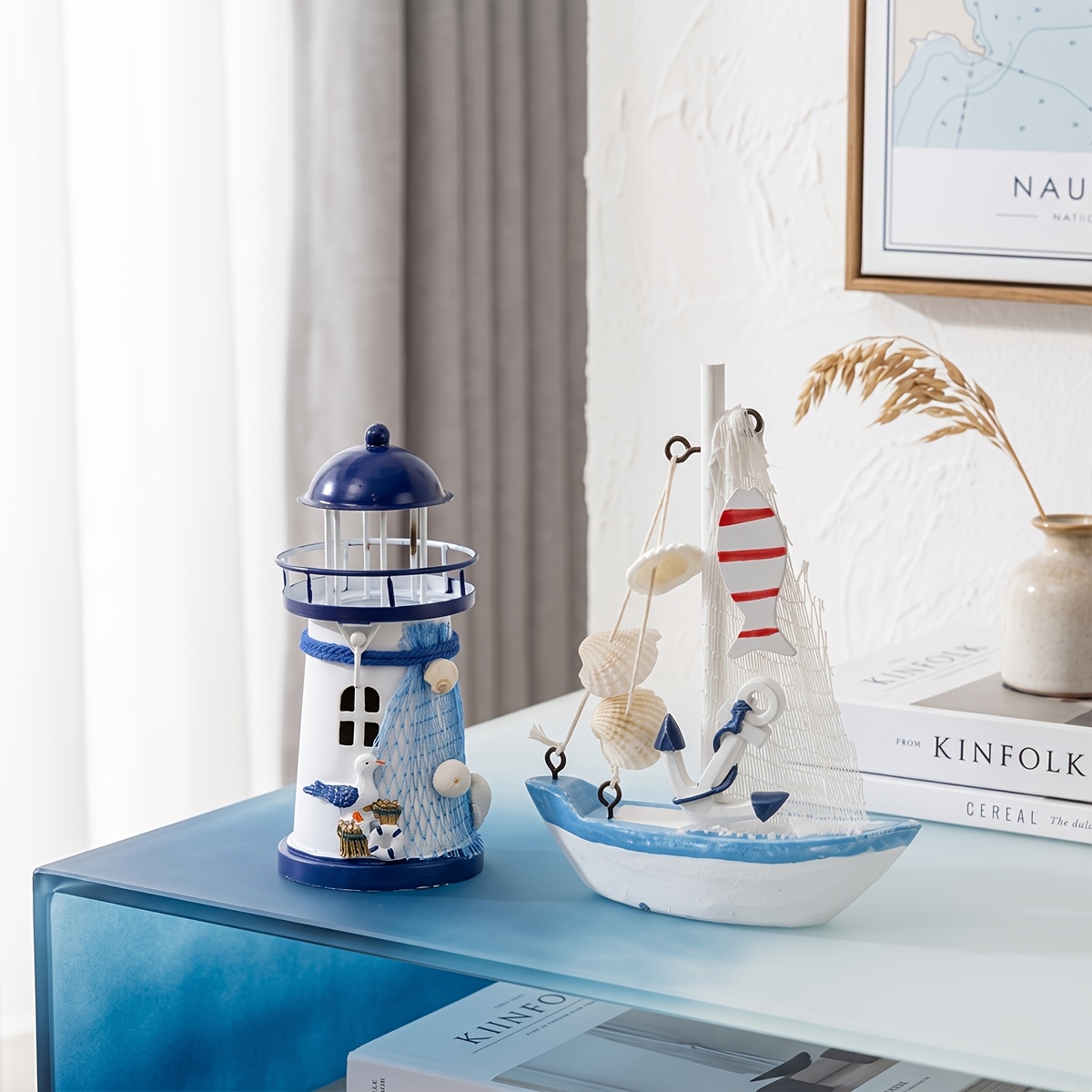 TEMU 2pcs Mediterranean Nautical Desktop Decor Set, Iron Candle Holder And Wooden Sailboat Figurine, Candles Not Included, Living Room Shelf Divider