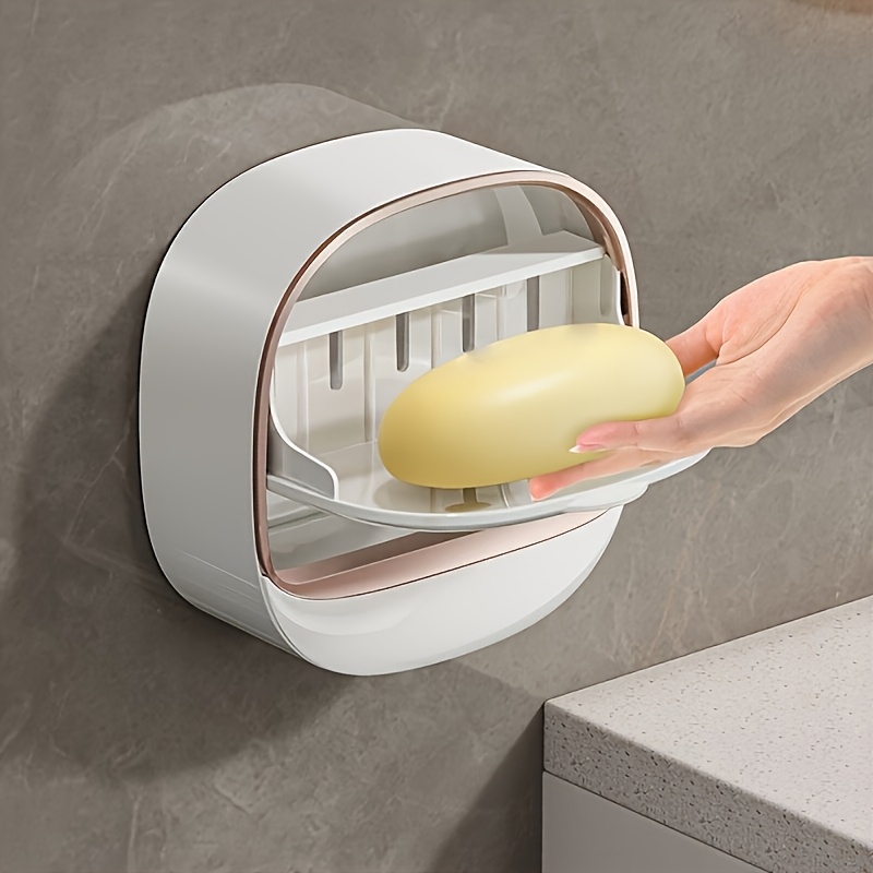 

1pc Modern Wall-mounted Soap Holder With Lid - Plastic, Oval Self-draining Soap Dish For Bathroom, No-drill , Space-saving Design