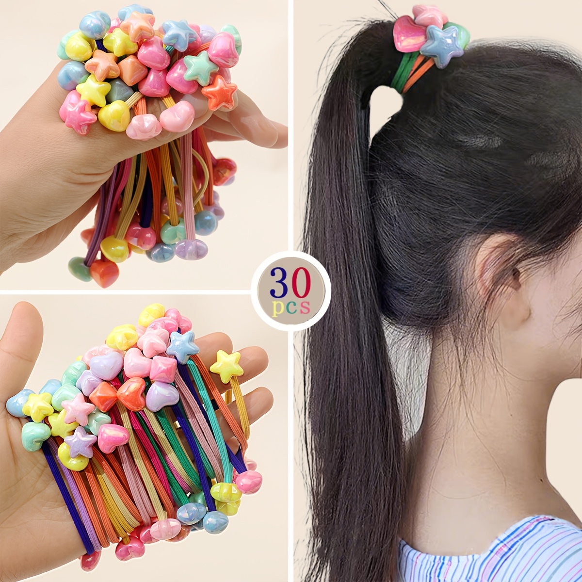 

30pcs Minimalist Acrylic Bead Hair Ties - High Elasticity Star And Heart Shaped Hair Bands, Assorted Colors, Set Of Hair Ropes For Styling And Hair Management