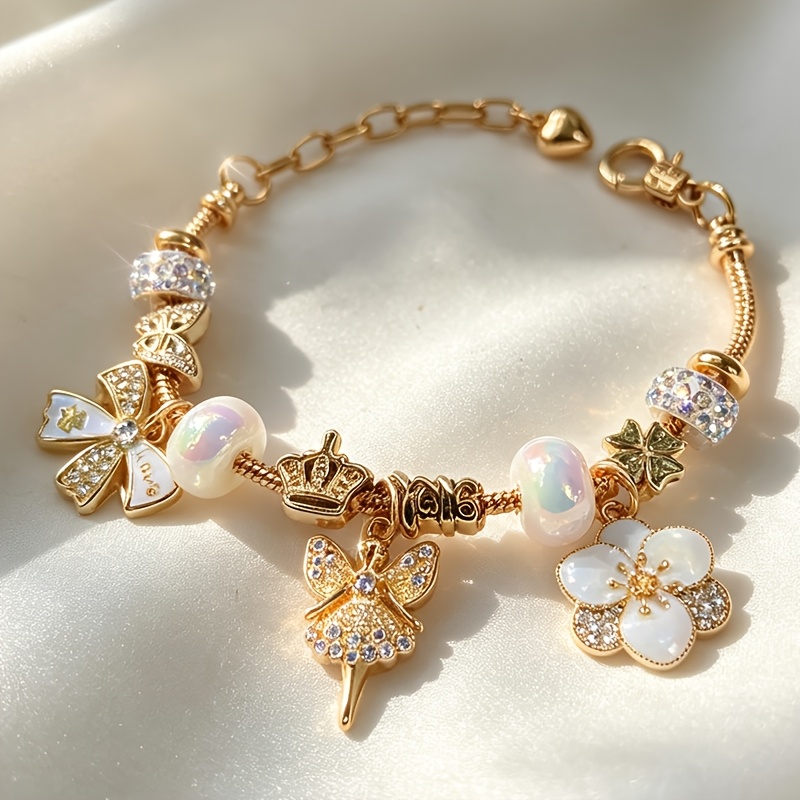 TEMU Nueva pulsera de cuentas de estilo y femenino, cadena de serpiente, con colgante de cuentas / / cuentas iridiscentes / corona / LOVE / ballet /
