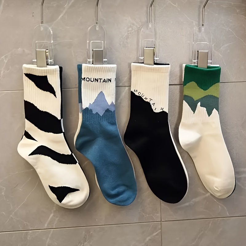 

4-pack Unisex Fashion Chunky Socks With Mountain Design, Soft And Breathable, Hand Wash Only, Knit Fabric, 80% Cotton 20% Polyester