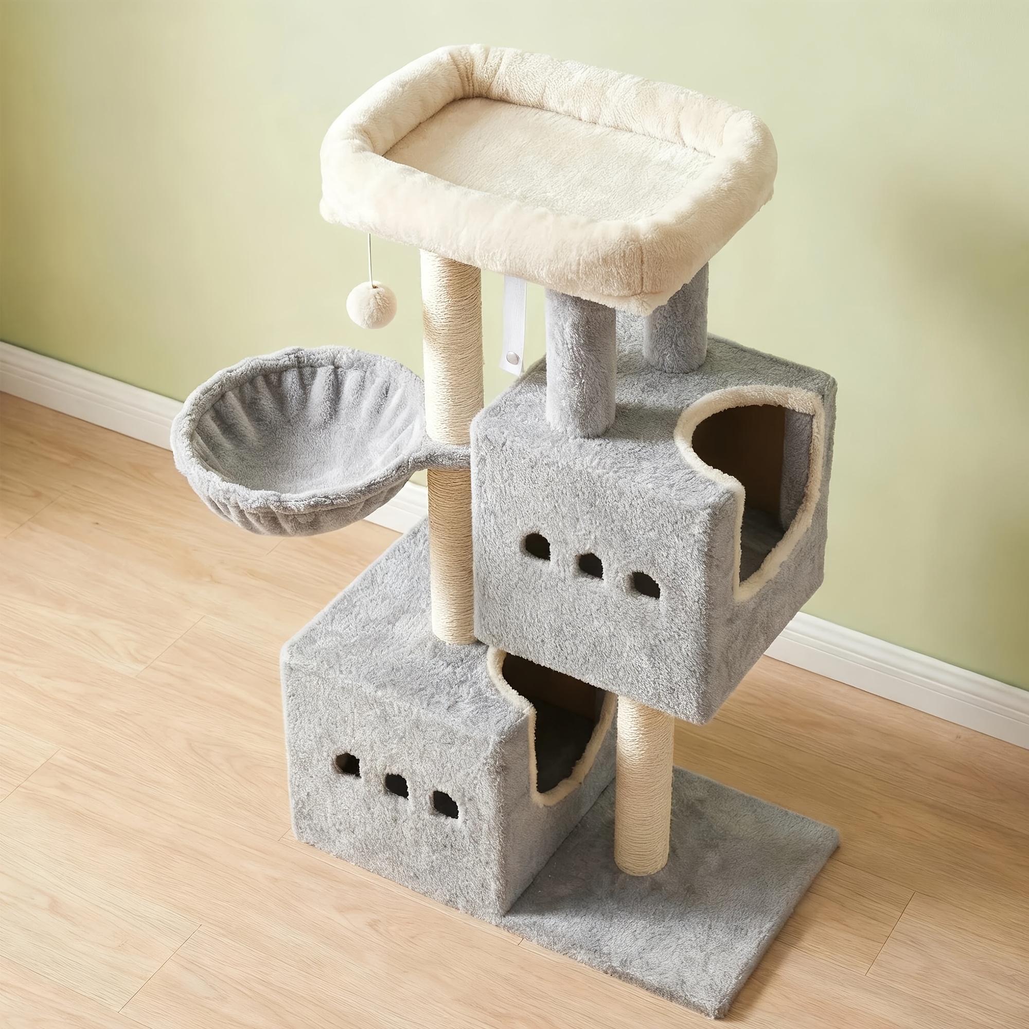 Image of 114cm Stable-style Cat Bed, Featuring 3 Reinforced Sisal Posts, 2 Staggered Cat Beds, 1 Platform, And A Cat Basket. A Therapeutic And Little Haven For Kittens, Suitable For Small Apartments