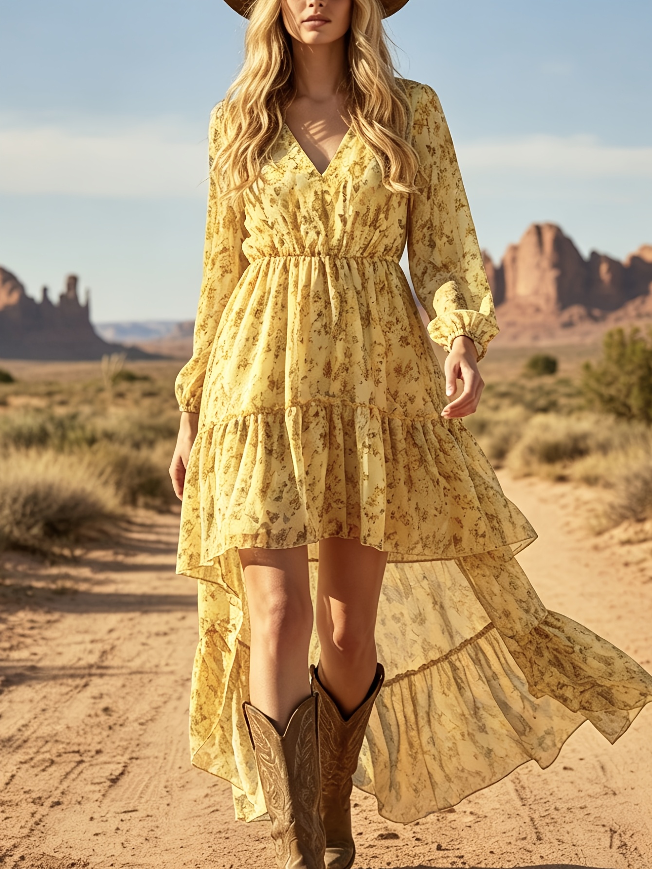 temu boho dress LN1470 Summer New Floral Print V-Neck Asymmetrical Lace Trim * Women's optimized WIDTH:Medium Lace & Chiffon Boho