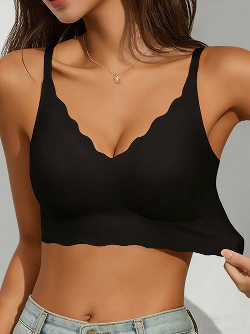 elegant wireless bra with solid color non removable padding patched detail