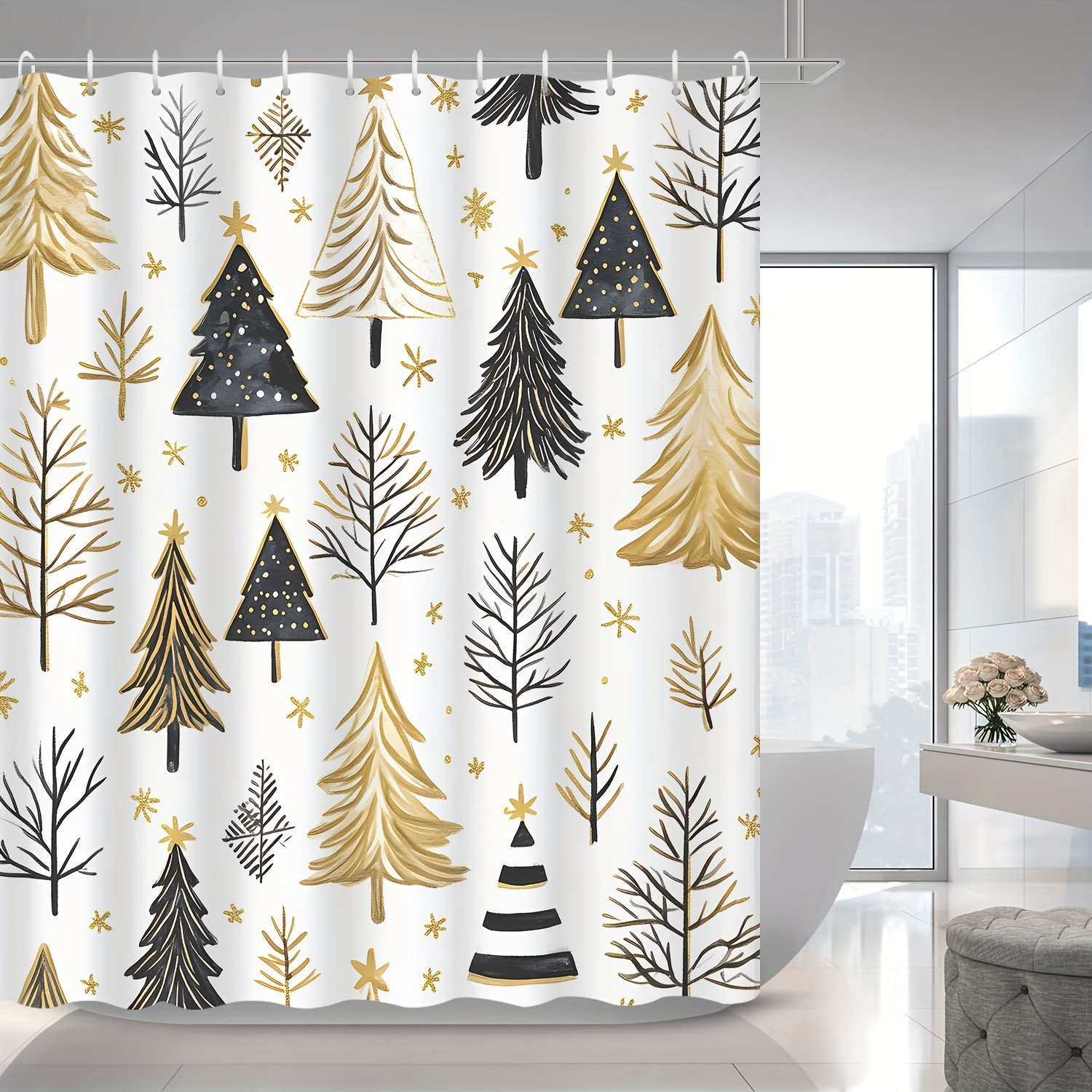 

Watercolor Christmas Tree Shower Curtain - Black & Golden, Waterproof With Hooks Included, Bathroom Decor