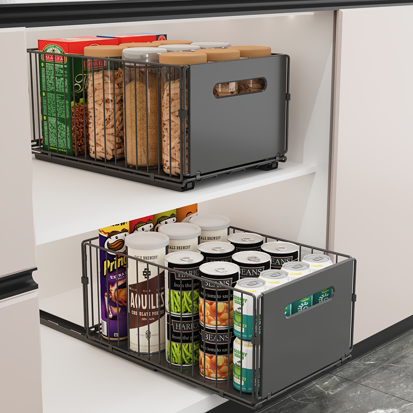 TEMU 2-pack Pull-out Cabinet Organizer, No-drill Slide-out Drawer Basket, Heavy-duty Kitchen Pantry Storage With Adhesive/screw Mount, Foldable Metal