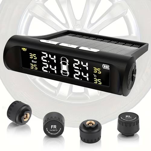imagen del artículo de monitoreo de presión de neumáticos inalámbrico con 4 sensores externos | kit tpms con s de presión y real, carga usb, energía solar, para suv, mpv, pickup y orv, de batería , instalación, recibe únicamente