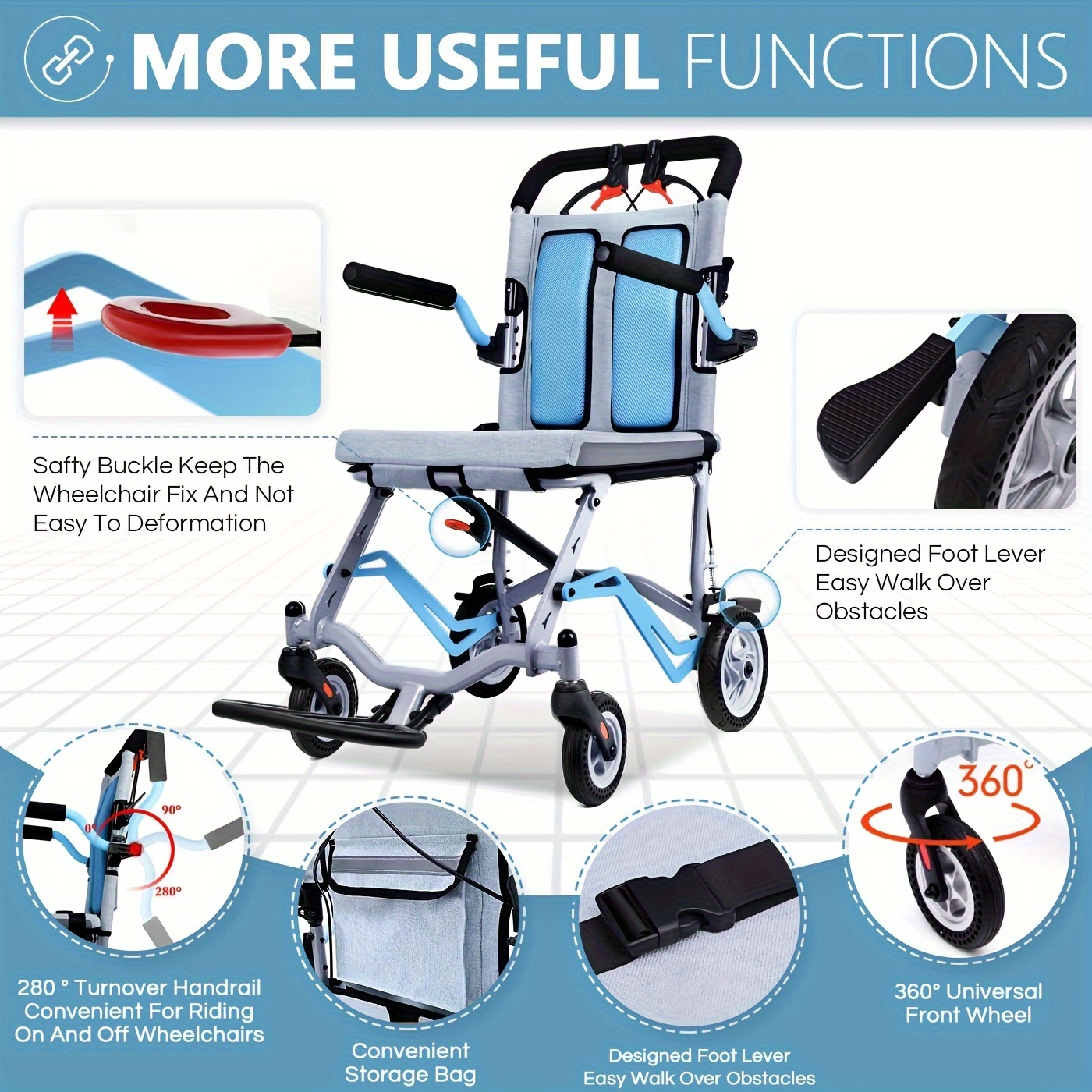 WEYRAL 12kg Folding Light Wheelchair | Telescopic Handle, Oversized Backpack & Travel Bag, Decubitus Pad, Ultra Light, Foldable, Collapsible for Transport - Image 3