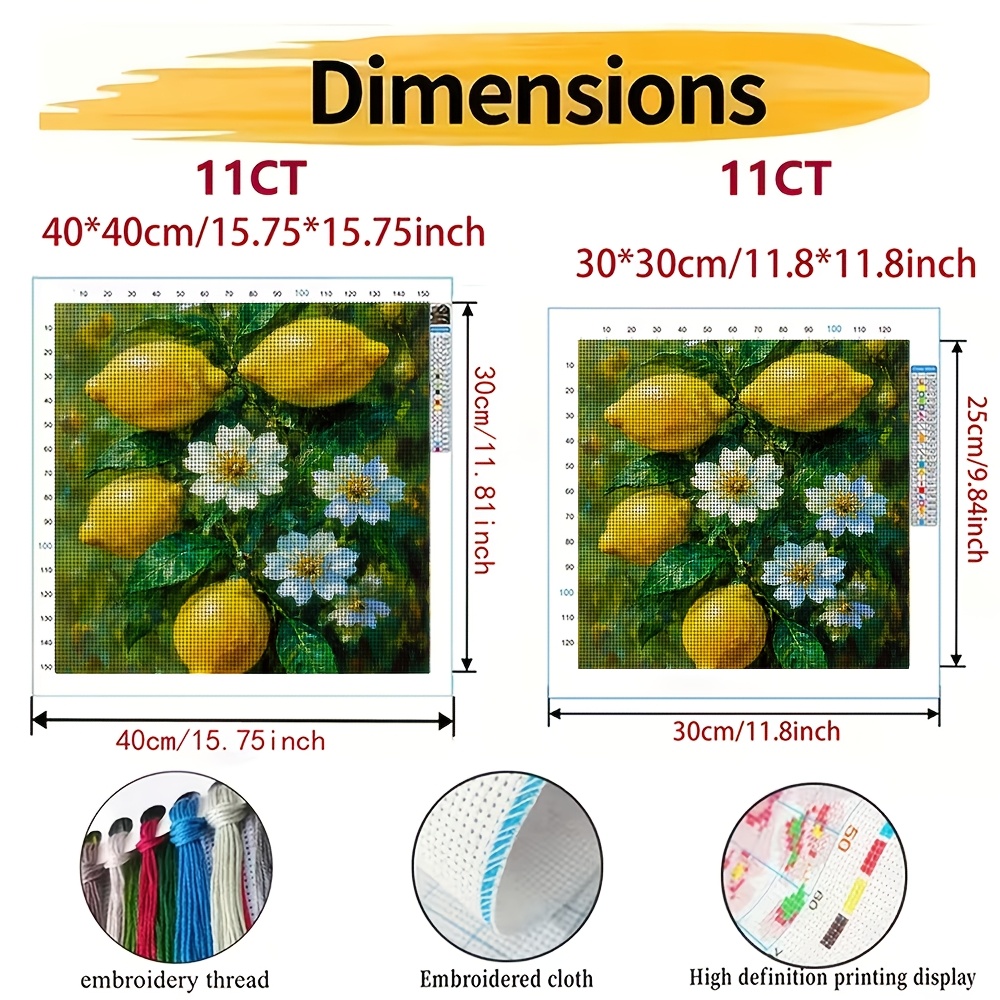 Cross-Stitch Kit Without Frame, Yellow Lemons and White Flowers Design