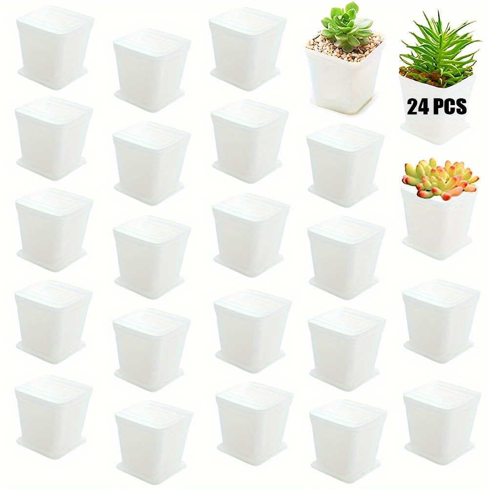 

24pcs White Square Plastic Pot With Trays, With Dishes And Drainage Holes, Suitable For Flowers Plants, Home, Company, Office, And Gardening Supplies (white)