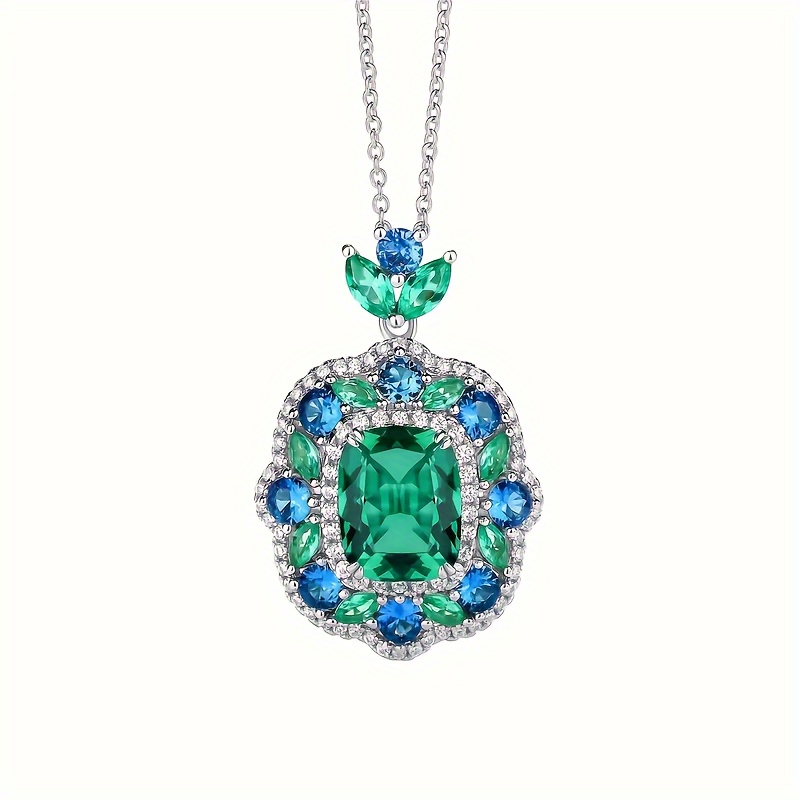 

1pc Elegant S925 Silver Pendant With 5 Carat 9x11mm Rectangular Green High Carbon Faux Diamond, Fashion Jewelry For Girls, Ideal For Birthday