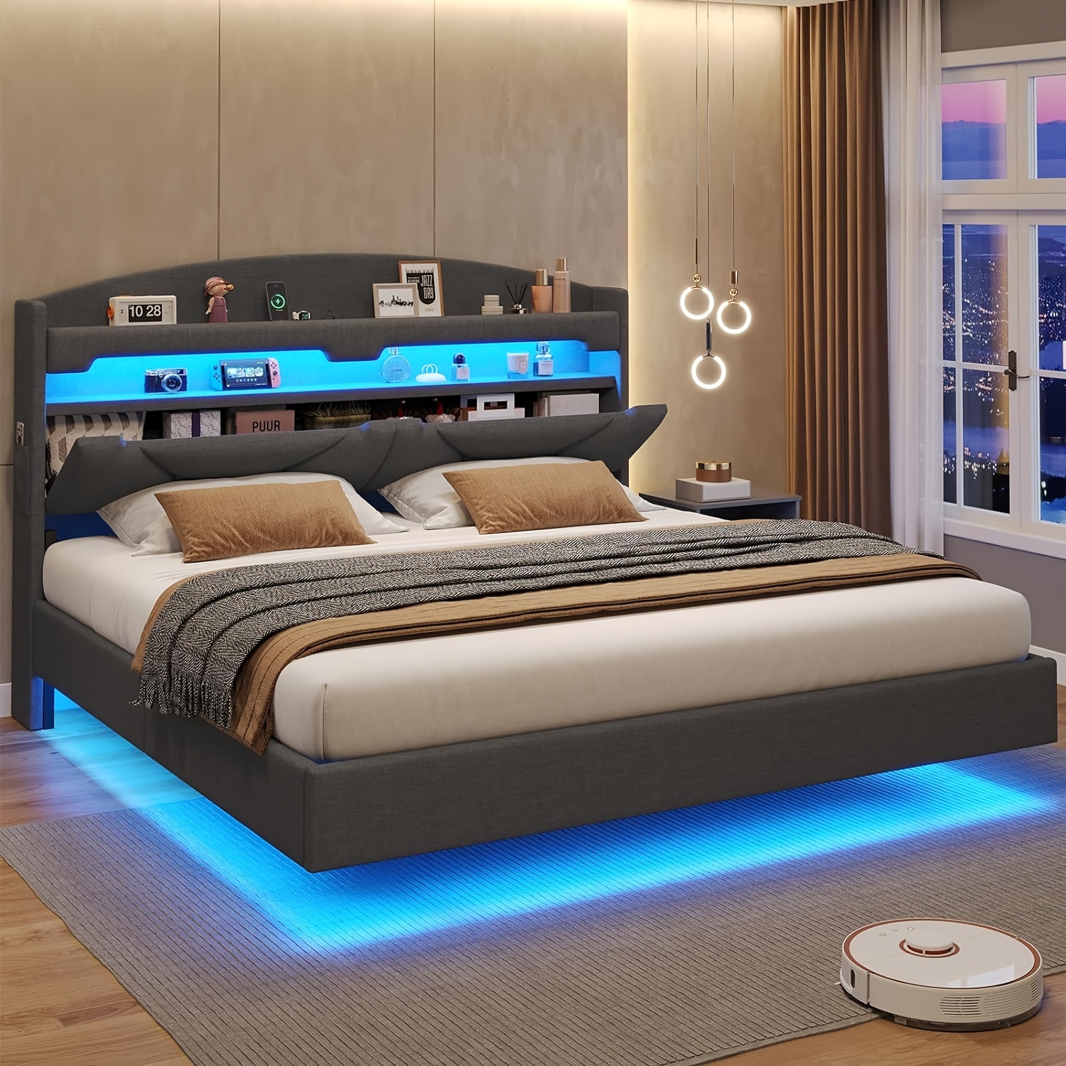

Floating Linen Bed Frame With Led Lights & Charging Station, King Upholstered Platform Bed With Storage Space For Bedroom, Dark Gray