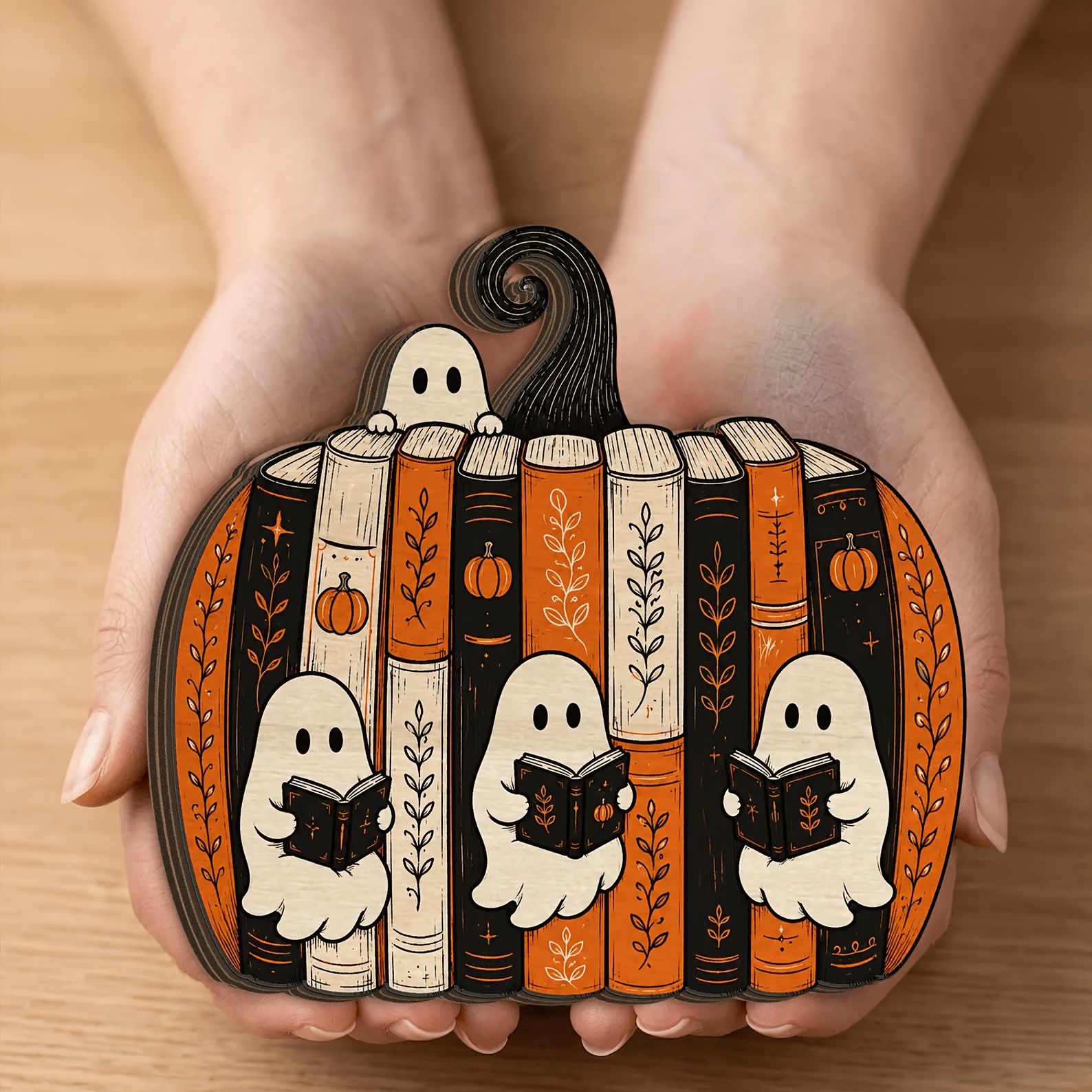 TEMU Halloween Pumpkin-shaped Wooden Bookshelf Ornament, Spooky Bookshelf Decor, Autumn Theme Books, Unique Gift For Book Lovers For Home