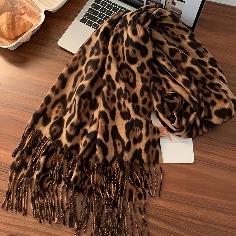 TEMU Women's 1pc Leopard Print Scarf For Autumn/winter, Thickened Fringed Shawl Scarf, All-match Warm , Elegant Leopard Print Scarf For Women - Soft