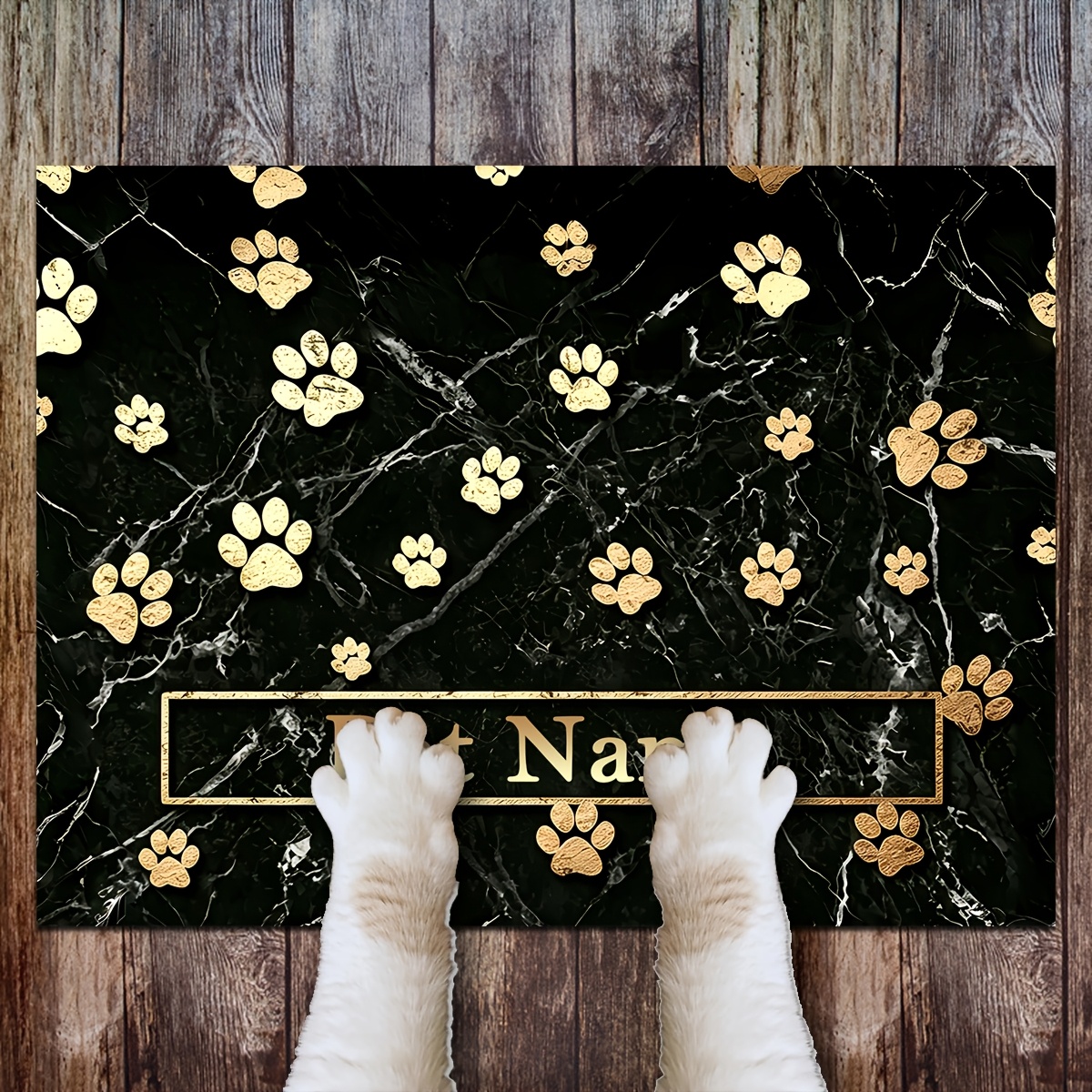 TEMU 1pc Customizable Name/slogan Pet Feeding Mat, Black And Paw Print Pattern Print, Pet Feeding Floor Mat, Non-slip Floor Mat, Cat And Dog Food And