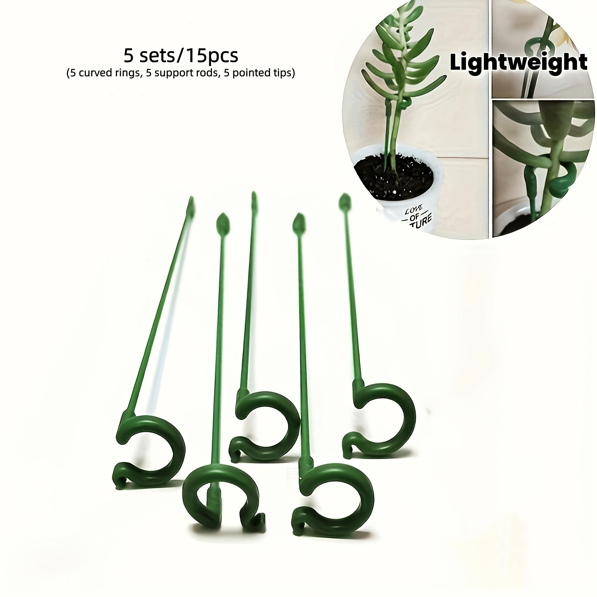 TEMU 5 Sets/15pcs (5pcs Curved Rings, 5pcs Support Rods, 5pcs Pointed Tips) Hook-equipped Plant Support Stakes - Potted Flower And Gardening Stakes,
