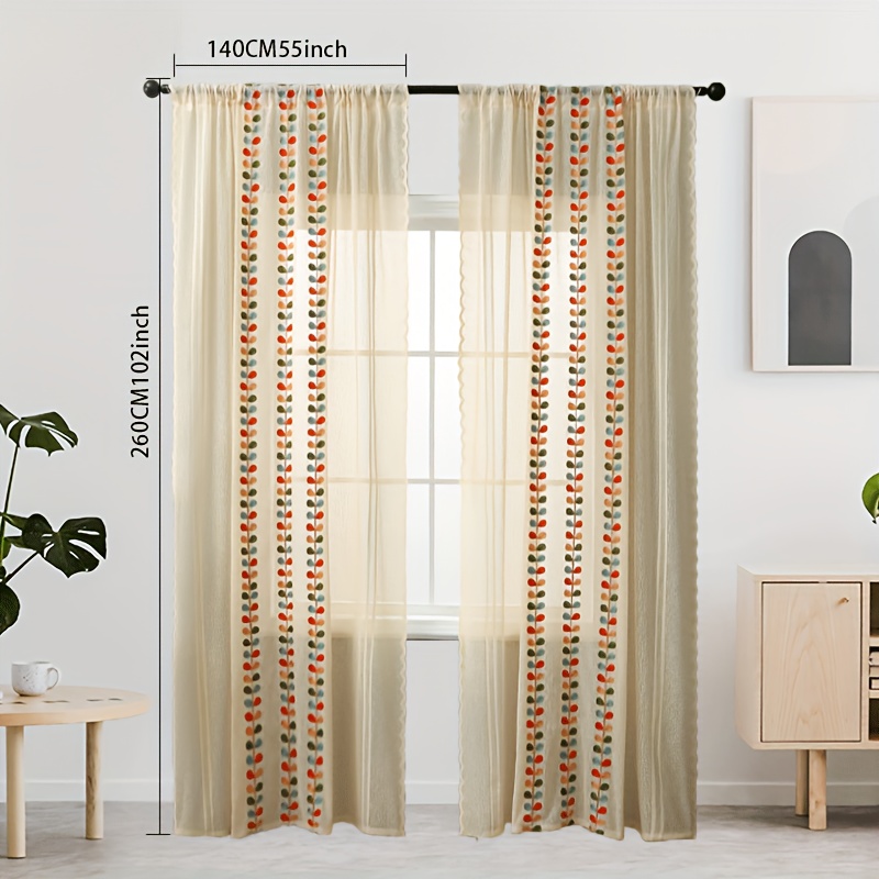 Image of 1pc Boho-chic Semi-sheer Curtain Panel With Colorful Leaf Pattern - Lightweight Polyester, Rod For , Hand Wash Only - Ideal For Bedroom And Living Room Decor, Curtains For Living Room