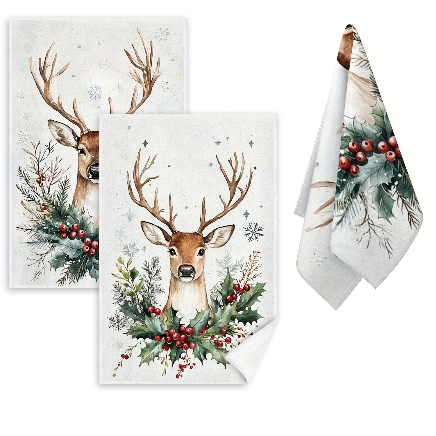 

2pcs Christmas Kitchen Towel Set - - , Elk & Red Berries, Washable, For Decor, Christmas Decor