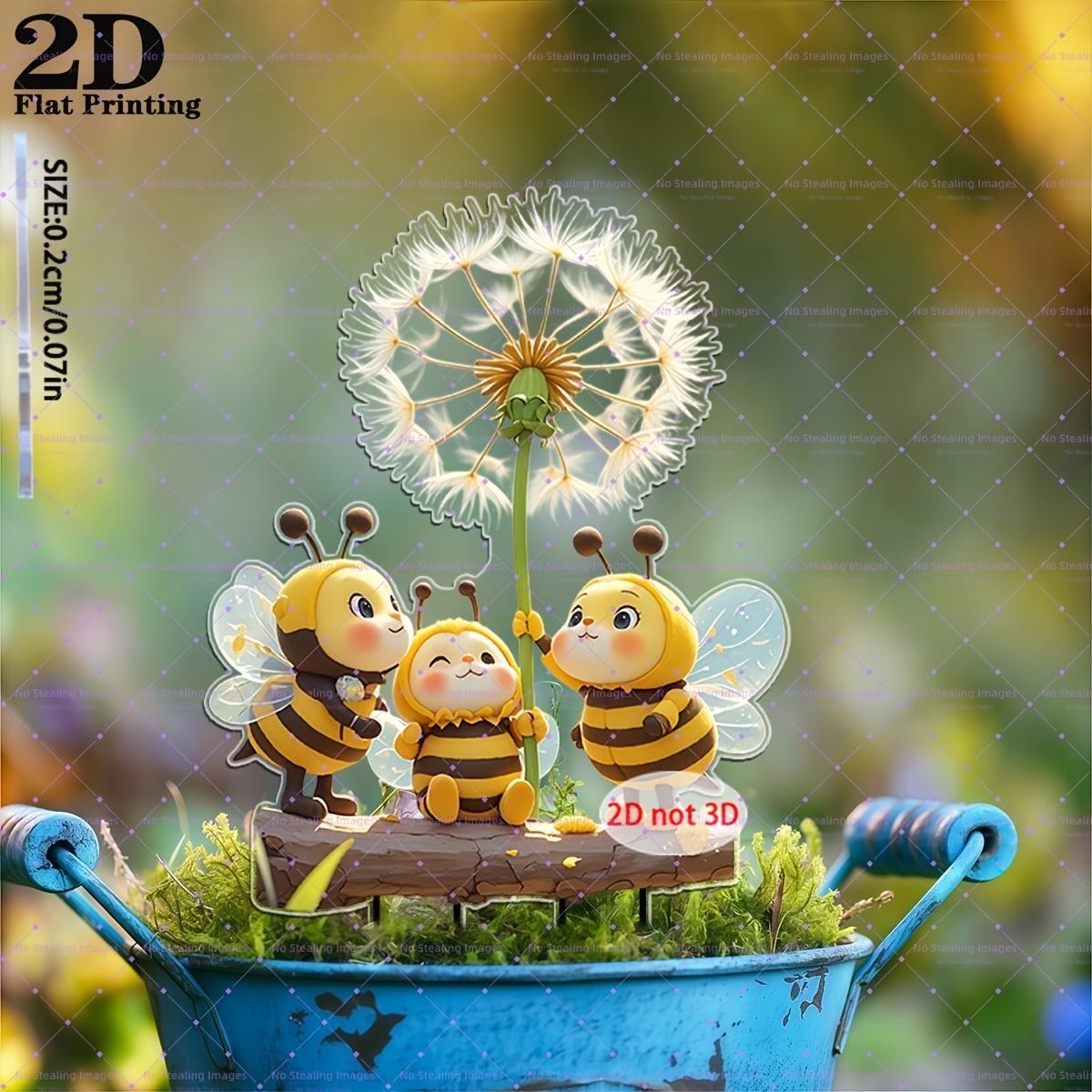 TEMU 2d Flat, [2d Flat] 2d Flat Acrylic Garden Stakes Featuring Bees Playing With Dandelions, Suitable For Courtyard, Garden, And Flowerpot