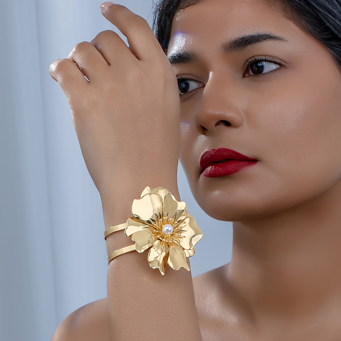 golden color large flower inlaid faux pearl retro exaggerated cuff bangle open bracelet 0
