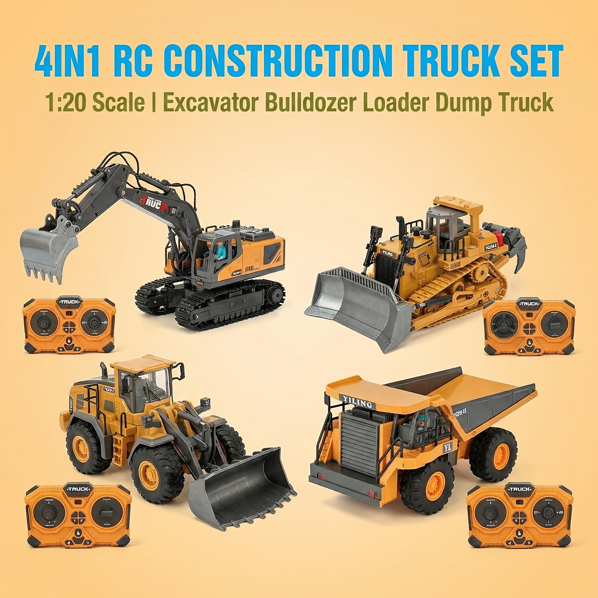 TEMU Ensemble de 4 pièces : Excavatrice RC, Bulldozer, Camion , Chargeur, Véhicule d'Ingénierie, Jouet Jaune Cool pour Garçons, Cadeau d'Anniversaire