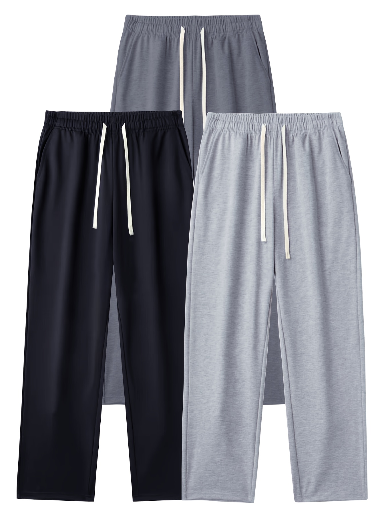 3pcs mens loose fit straight leg athletic pants with adjustable drawstring waist side pockets   knit fabric moisture wicking breathable for gym running yoga casual wear     black grey yoga pants   moisturewicking fabric black light   gray 0