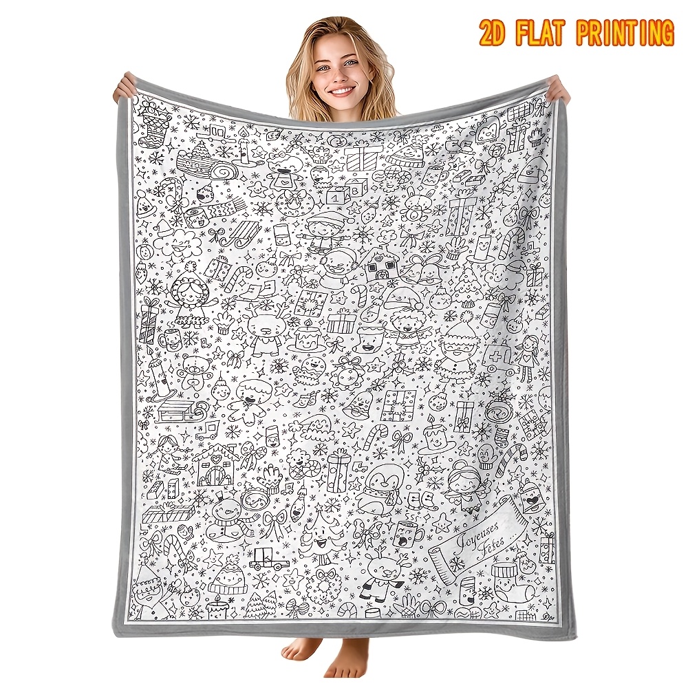 TEMU 1pc Christmas Themed Coloring Flannel Blanket. Snowman Snowflake Line Art -friendly. For Living Room Camping. For Christmas Birthday. Coloring