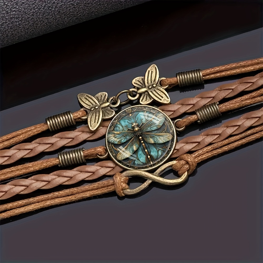 TEMU Adjustable Bohemian Mandala Infinity Bracelet - A Stylish Accessory Made Of Faux Leather With A Golden And Teal Dragonfly Design, Featuring A