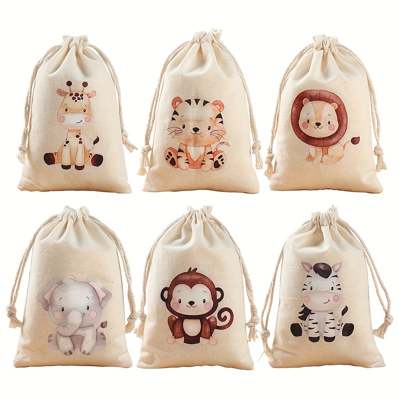 

6pcs Jungle Animals Cotton Gifts Bag Safari Birthday Party Decoration Food Bag For Guests Birthday Party Decor Green Forest Supplies Packing Bags
