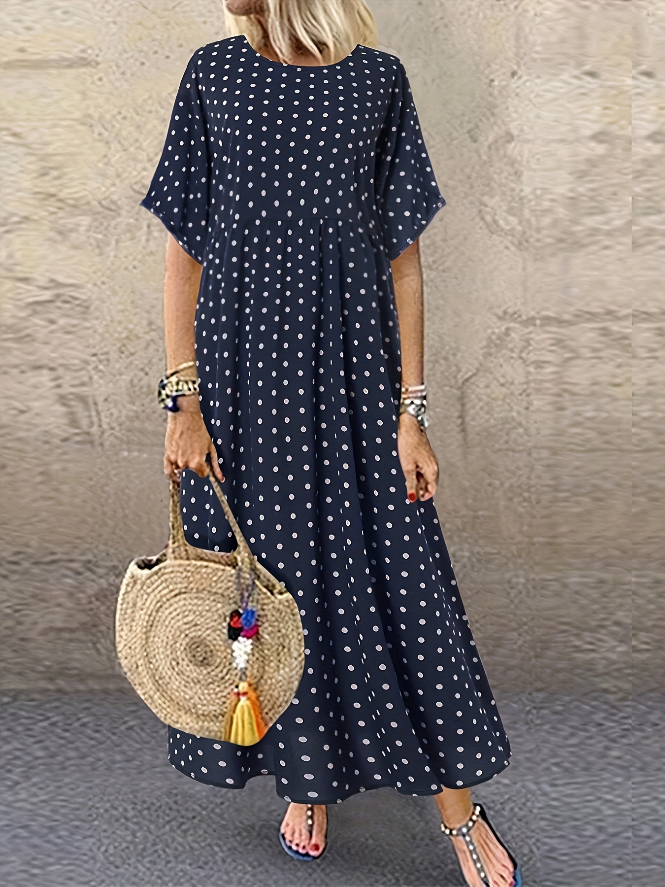 womens vintage inspired rayon short sleeve midi dress loose fit polka dot with   hem breathable summer casual beach vacation dress machine washable beach dresses vacation outfit comfortable wear nontransparent fabric navy blue 0