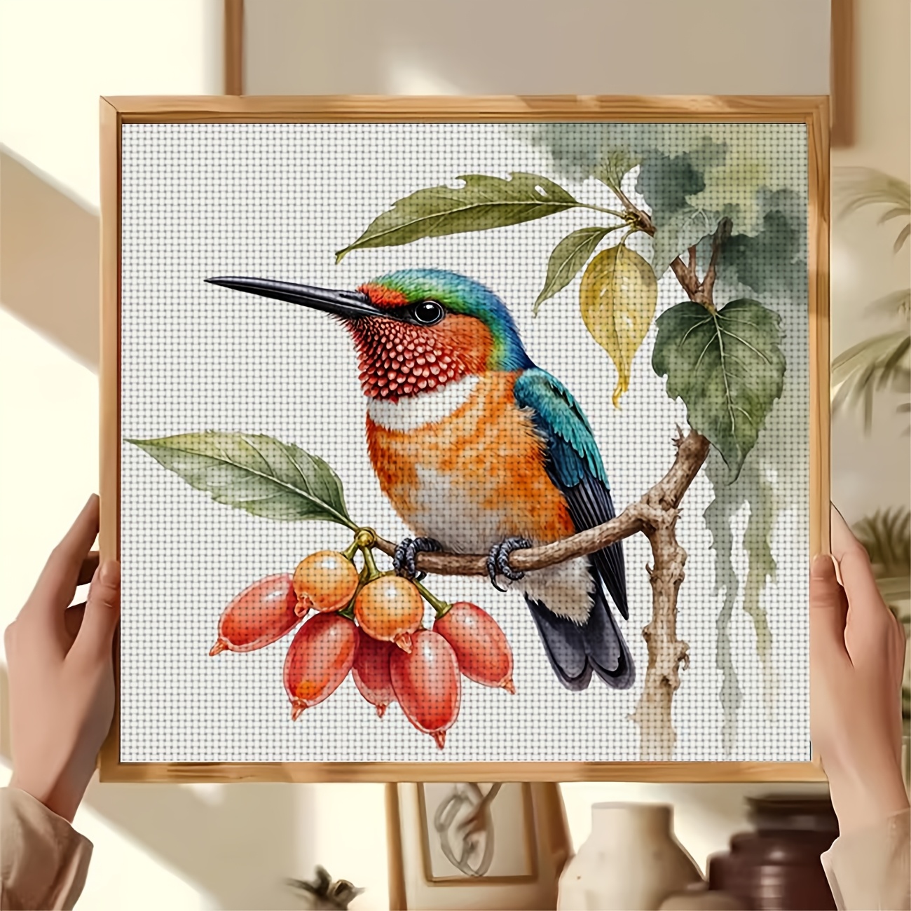 Frameless Cross Stitch Printed Kit, "Colorful Birds Perching on Branches" Pattern