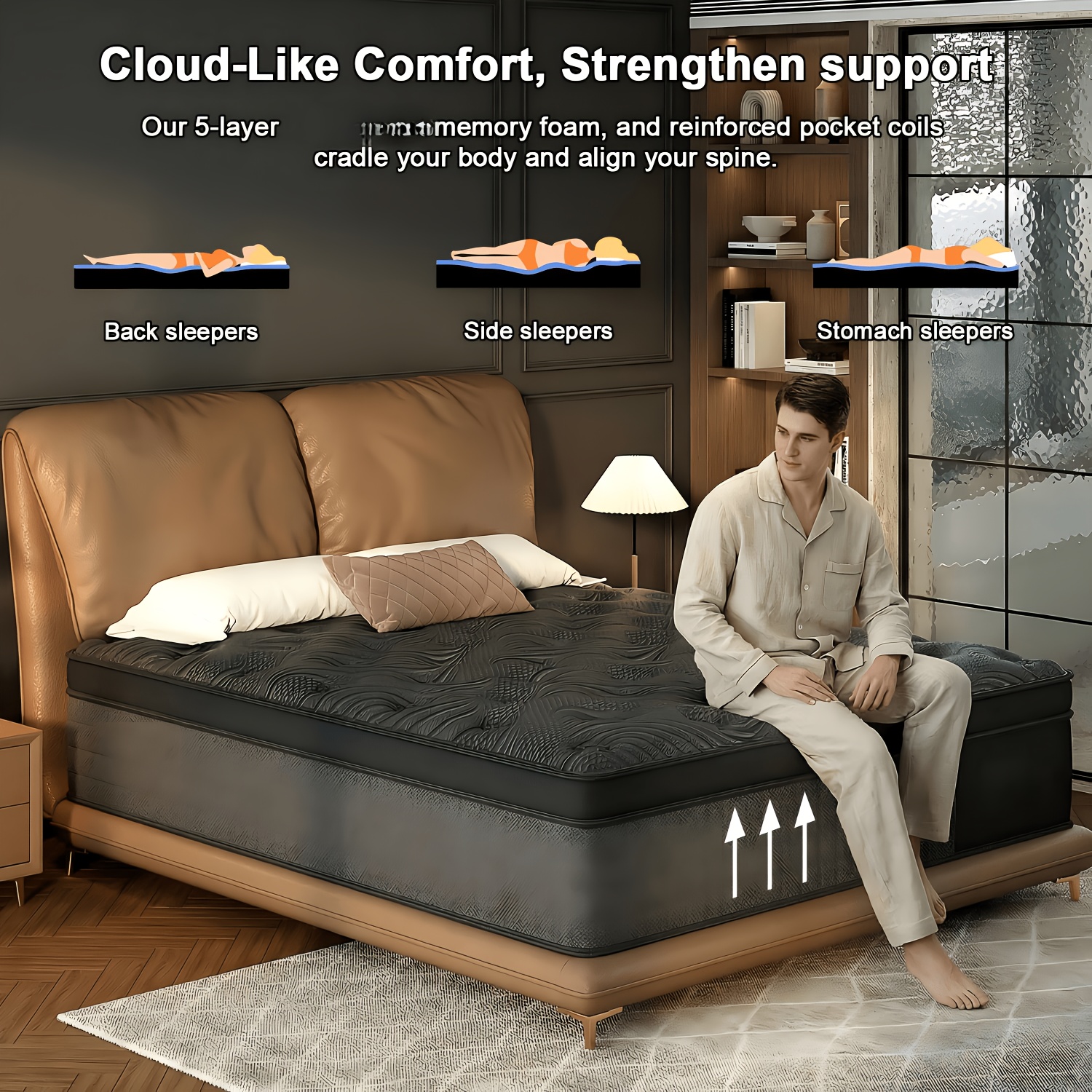 8 Inch/10 Inch/12 Inch/14 Inch Black Grey Mattress Twin, Full, Queen, King. Cooling Breathable Fabric Wicks Heat. Memory Foam Molds to Your Body Curves. Independent Pocket Springs Stop Motion Your Partner Never Feels You Get Up At Night
