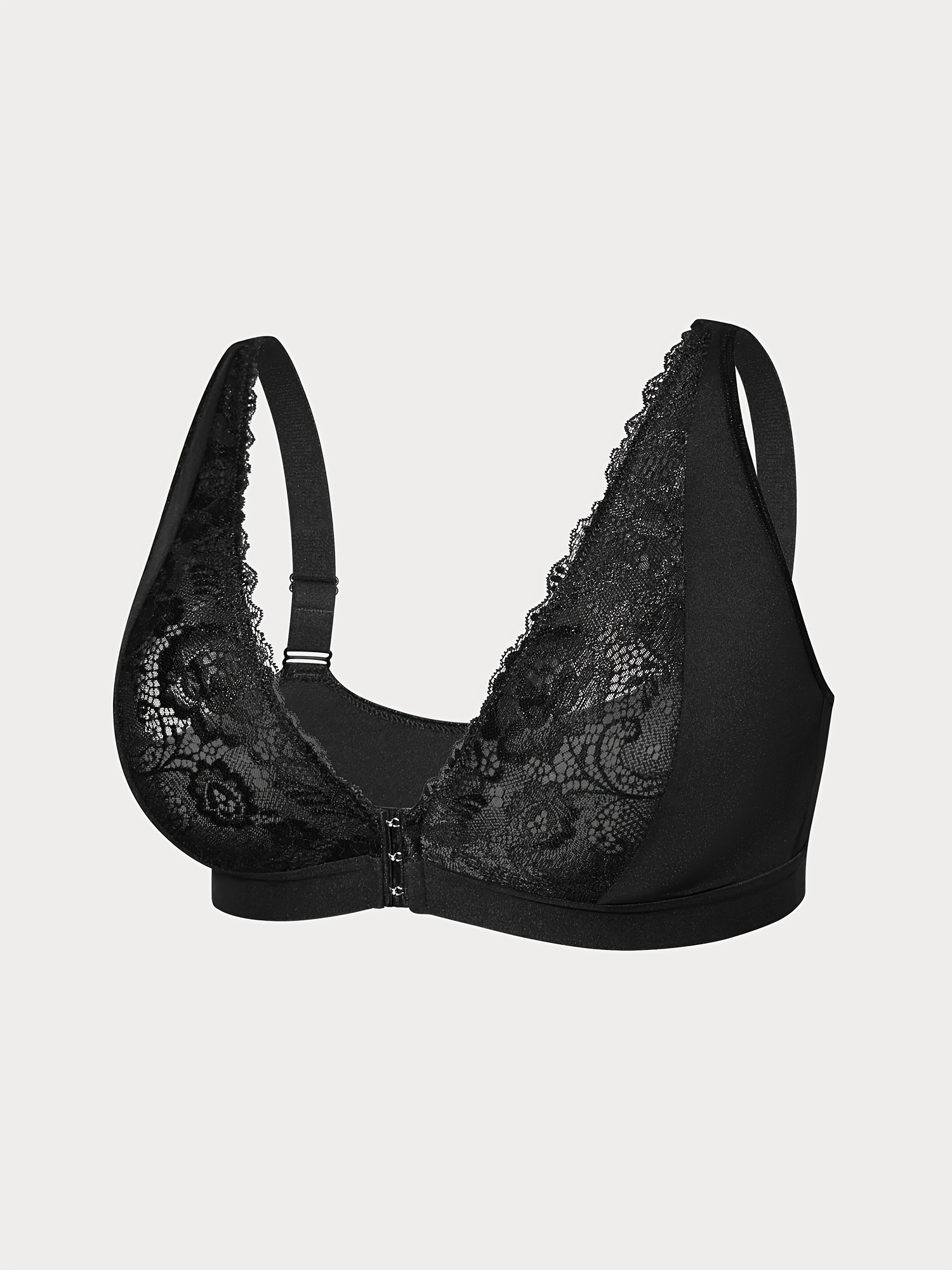 Women'S Plus Size Lace Front Closure Bra, Sexy Deep V-Neck Solid Color with Wide Straps, Comfortable Breathable Polyester Knit Fabric Bra with Contrast Lace Detail, No Padding - Medium Stretch