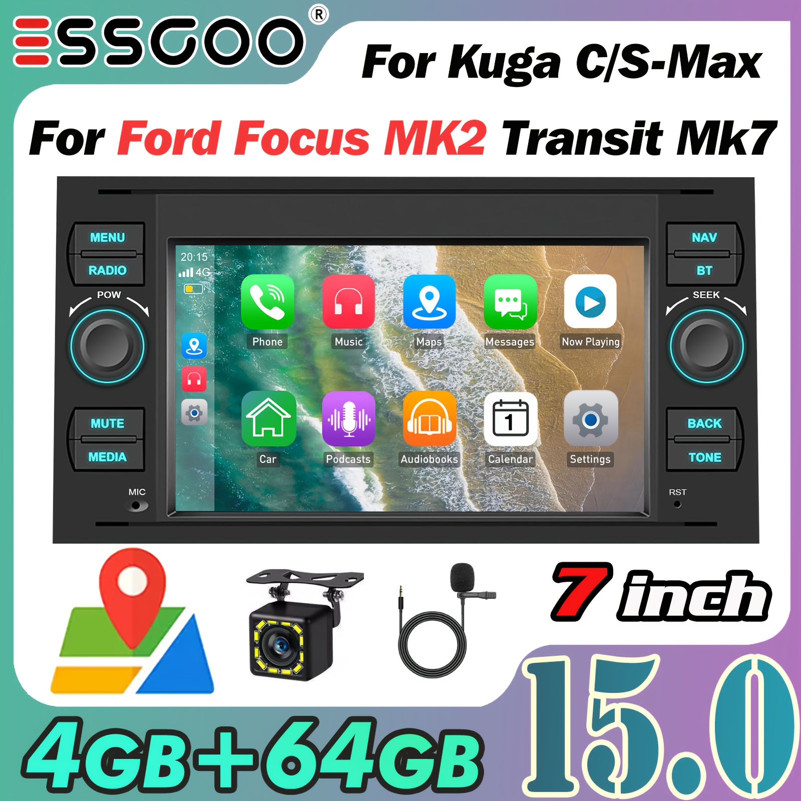 Essgoo For 15.0 Car Stereo 4gb+64gb , Double Din 7 Inch -one For Ford Focus Mk2/ For Ford Mk5/ Transit Mk7/ Kuga For Galaxy With & For Auto, Built-in Gps Navigation, Wi-fi