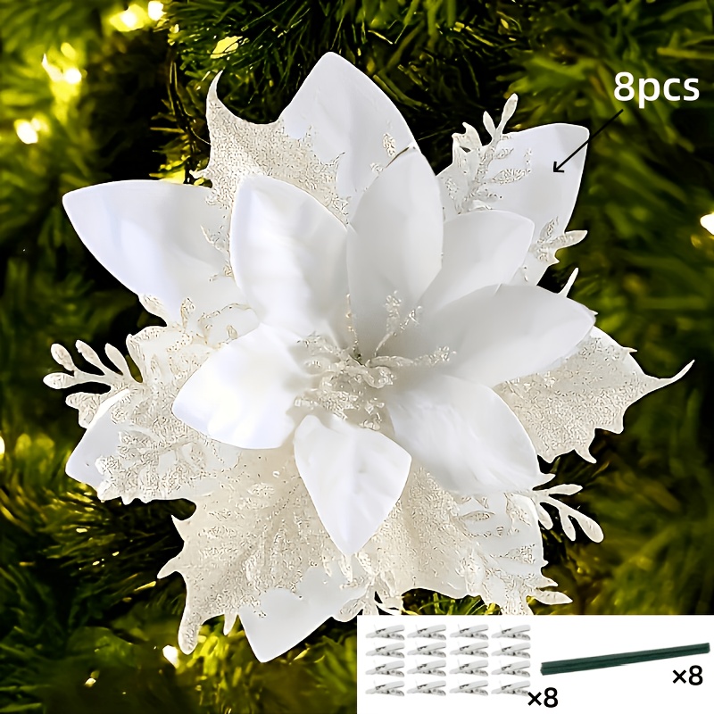 TEMU 24pcs (8 Flowers + 8 Clips + 8 Flower Stems) Of Wedding Decorations (white) - For Christmas And New Year Decorations - Suitable For Wreaths,