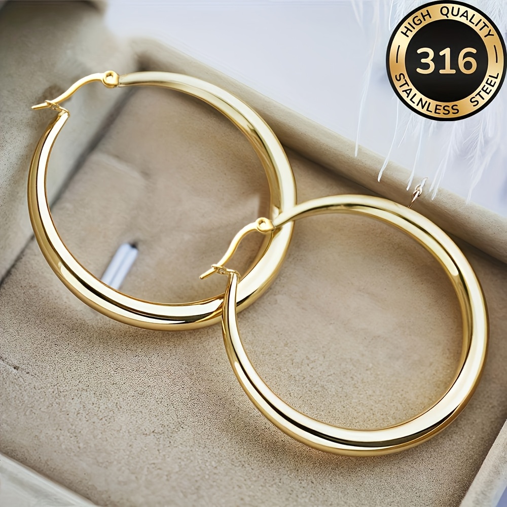 TEMU Hypoallergenic Stainless Steel Golden Hoop Earrings, Anti-fade, Comfortable And Versatile, Simple And Elegant, High-quality Fashionable Women's