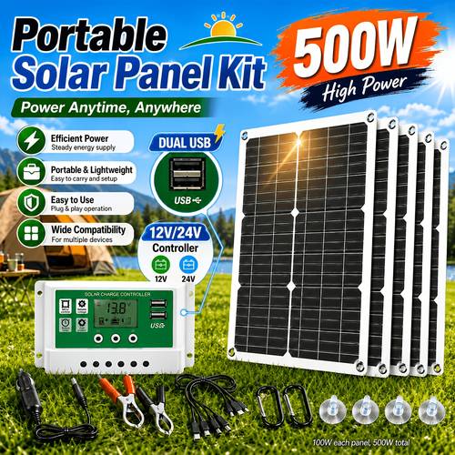 Portable Solar Panel Kit for RV, Camping & Outdoor Use, Complete with Controller, Multi- , Easy Setup,