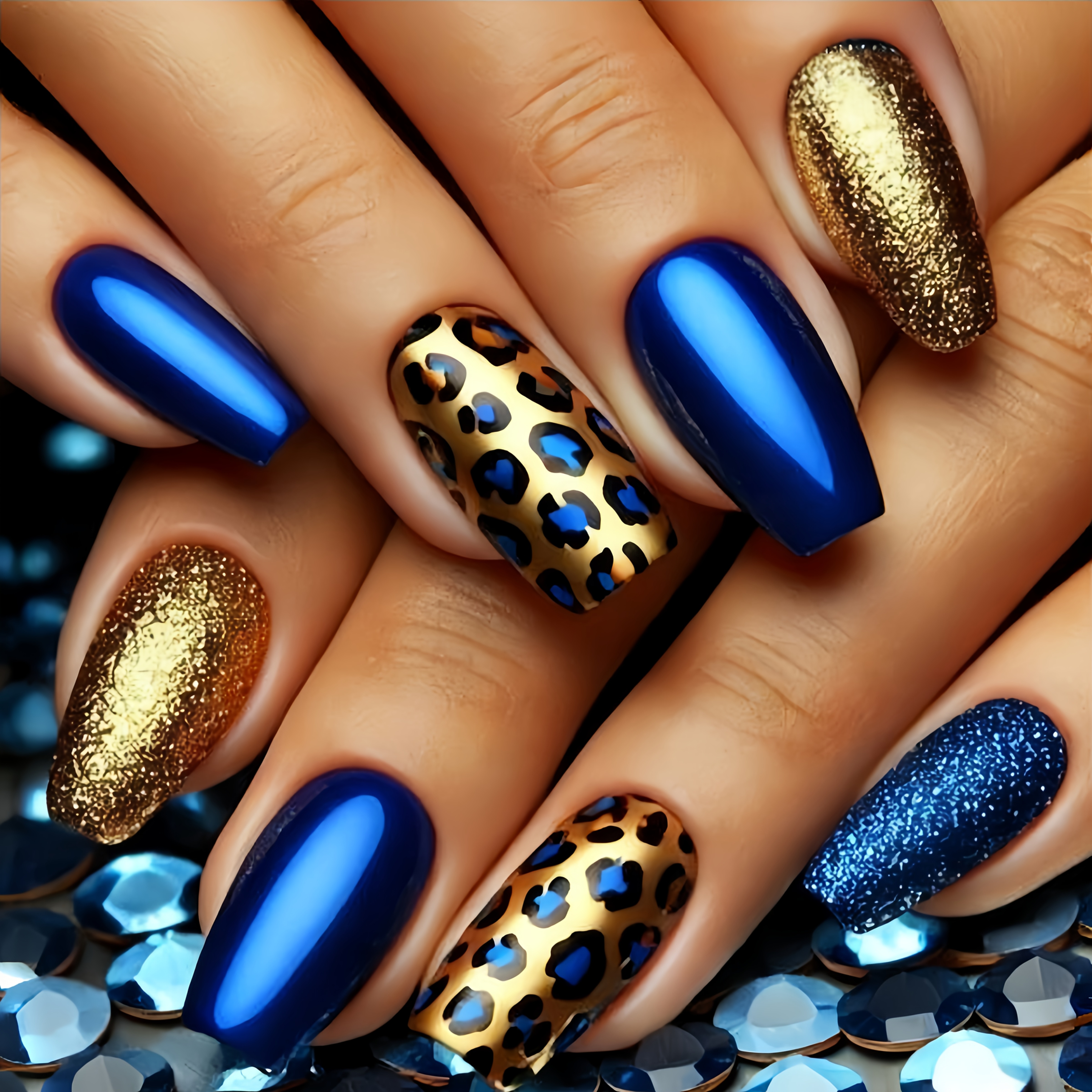 TEMU Medium-length European Square Blue And Print Gradient Nail Stickers, High-end Nail Stickers, Removable Press-on Nails, Press-on Nail Stickers