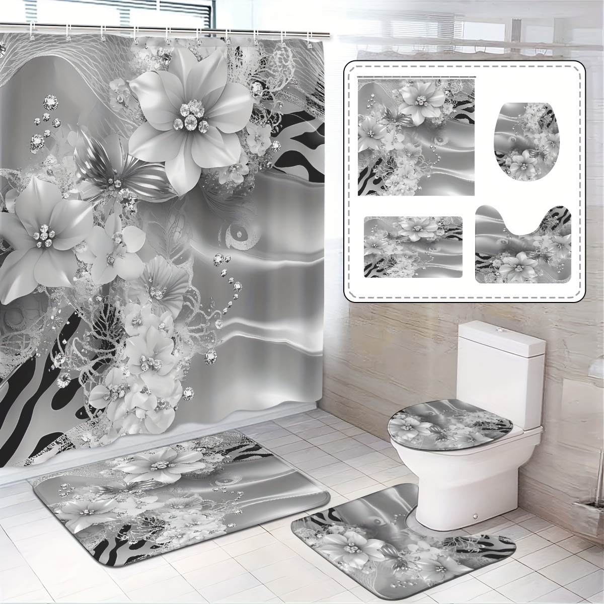 

Shower Curtain Set 12 - Includes Bath Mat, U-shaped Mat, And Toilet - Washable - - - - -