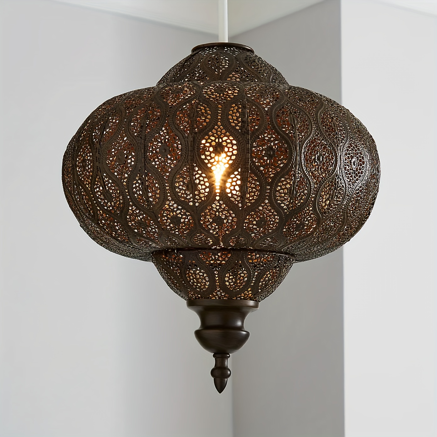 

Lucena Fretwork Modern Drum Pendant Shade - Antique Bronze Finish, No Wires, Battery-free