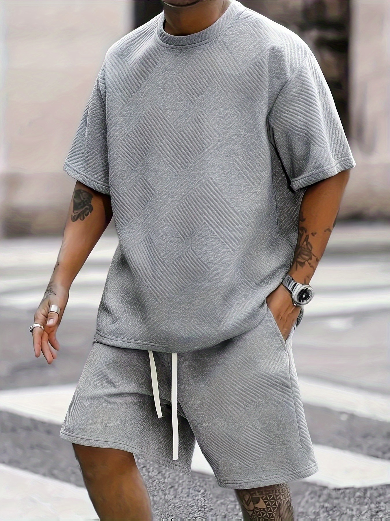 Artikelbild herren zweiteiliges freizeit sport outfit bestehend aus einem kurzarm t-shirt und shorts mit kordelzug,   für frühling und sommer