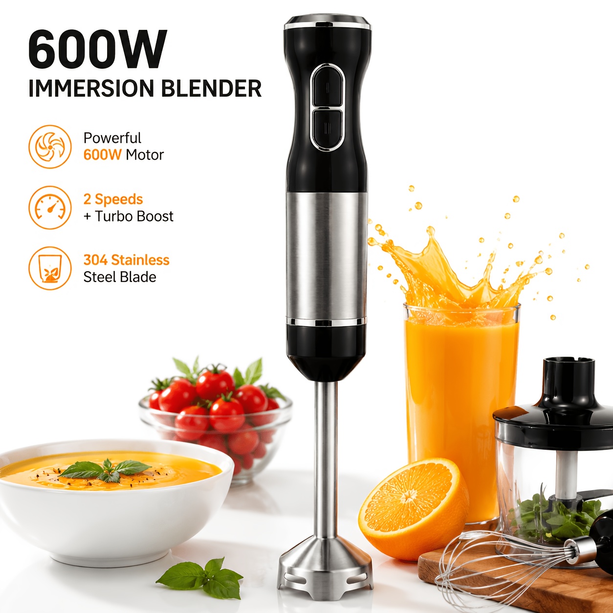 TEMU Portable Stainless Steel Handheld Blender With 2-speed Mixing Stick, Comes With 4pcs Of 304 Stainless Steel , Detachable Stainless Steel Shaft,