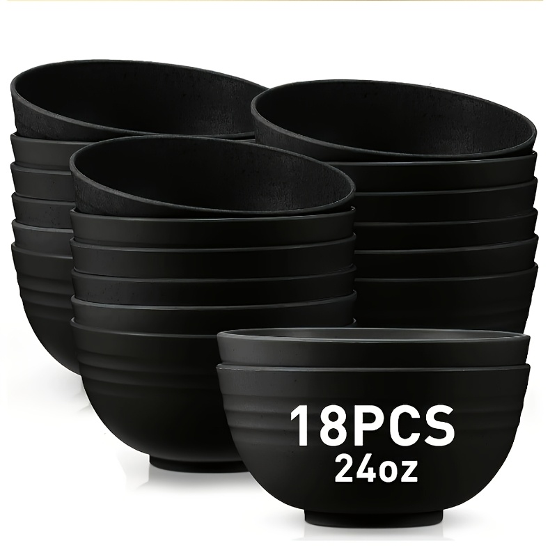 Image of 18pcs Black Plastic Bowl Set, 24oz Round Microwave Safe For Oatmeal, Salad, Soup - Ideal For Home Celebrations, Camping, Picnics & Kitchen Use
