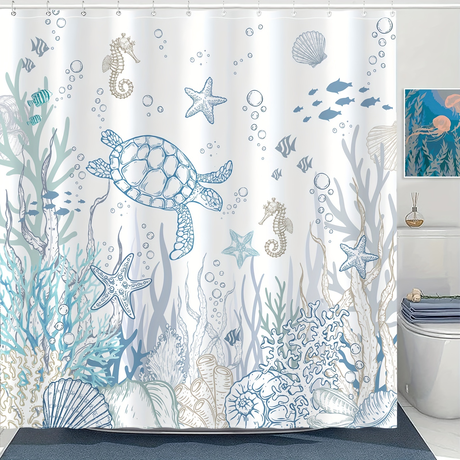 

Nautical Coastal Turtle Shower Curtain, Coral Starfish Seashell Ocean Themed Bathroom Curtain, Underwater Seahorse Bathroom Decor Blue 72 X 72 Inch