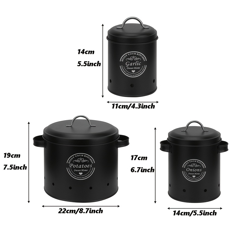 Image of 3pcs Vegetable Preservation Metal Storage Bucket, Suitable For Potatoes, Onions, Garlic, Durable Kitchen Organizing And Storage Box, Black