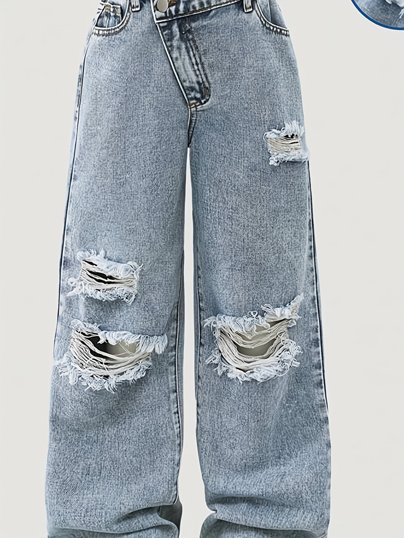 girls trendy blue ripped jeans washed denim elastic slanted Temu