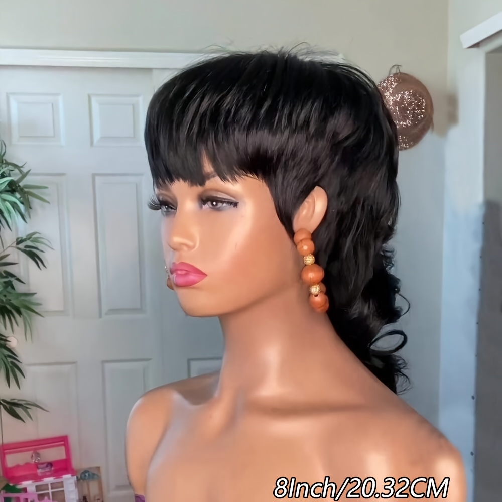 TEMU Mullet Wig Human Hair Wig Body Wave Haircut Dovetail Wig Cut Wigs For Women Brazilian Human Hair Wigs For Women Valentine's Day, Daily Use Full Machine Made Wig With Bangs