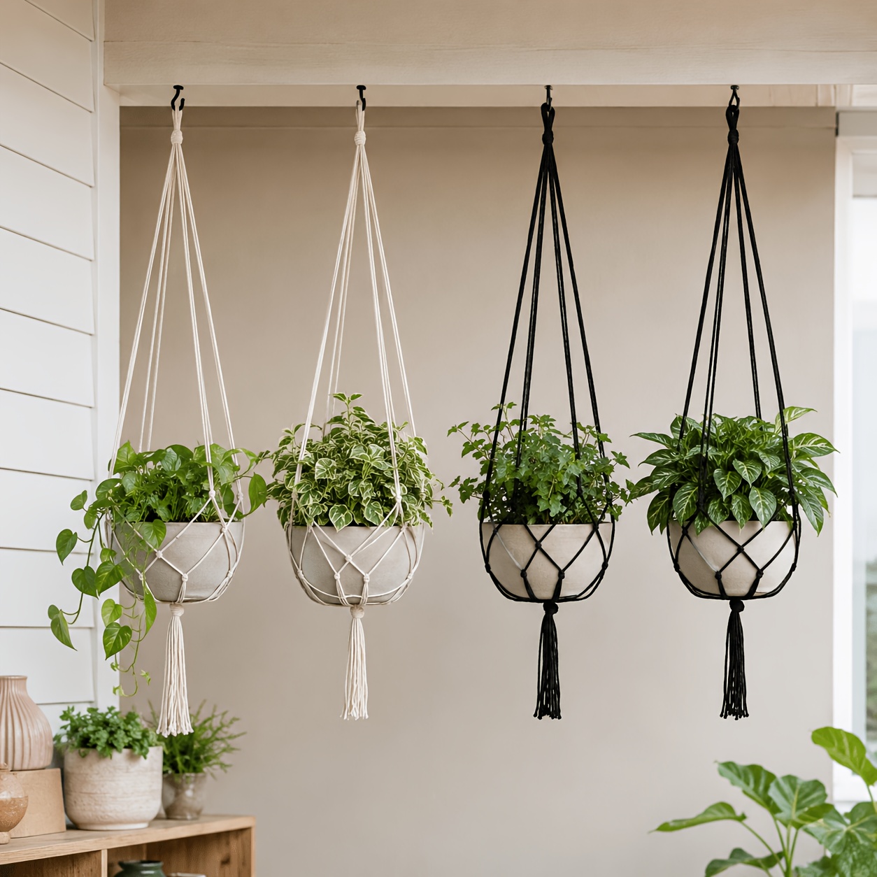 Image of 4pcs Plant Hanging Baskets, Bohemian Style Suspended Flower Pots, Sturdy Weight-bearing Indoor Outdoor Greenery Hanging Ropes, Space- And Cat-proof, Suitable For Balcony/living Room/garden Decoration